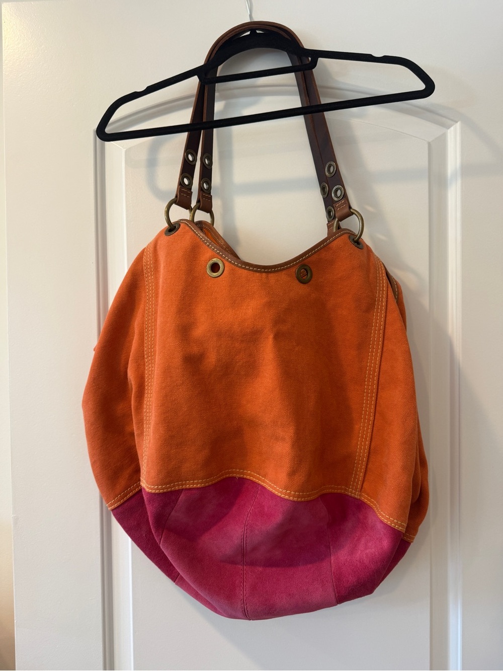 Gorgeous Lucky Brand Oversized Orange Pink Suede Canvas Travel Tote Y2K Rare. π©·π§‘ - Picture 2 of 15